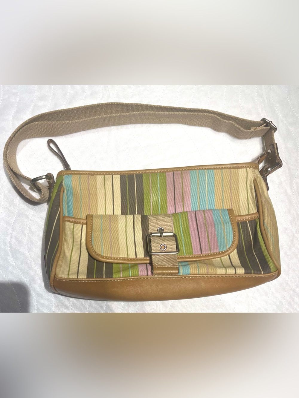 Y2K Caribbean Joe Tan Leather Canvas Shoulder Buckle Bag with Multicolor Stripe